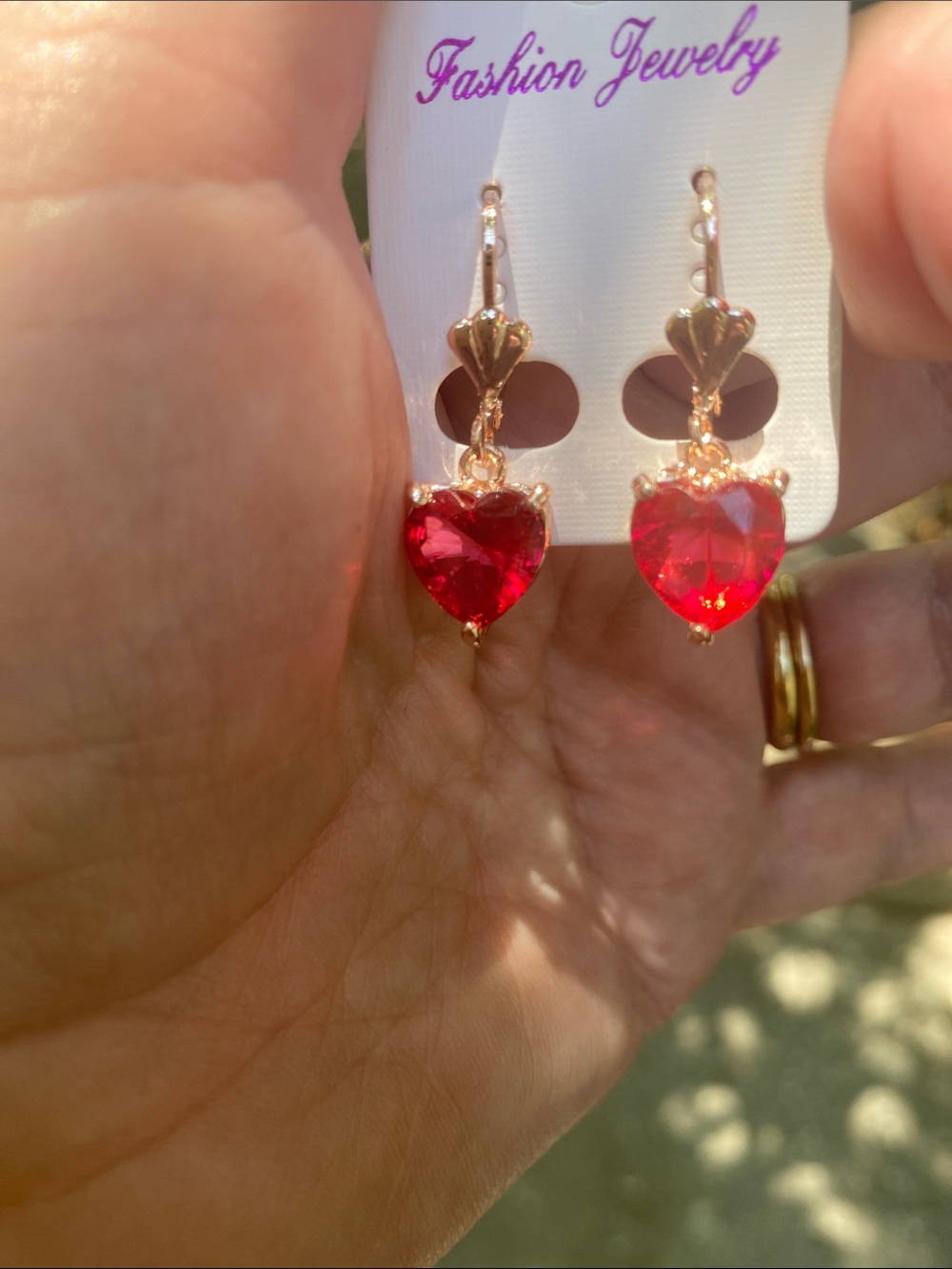 Fashion Jewelry Gold-Tone Earrings with Red Heart Crystal Drops